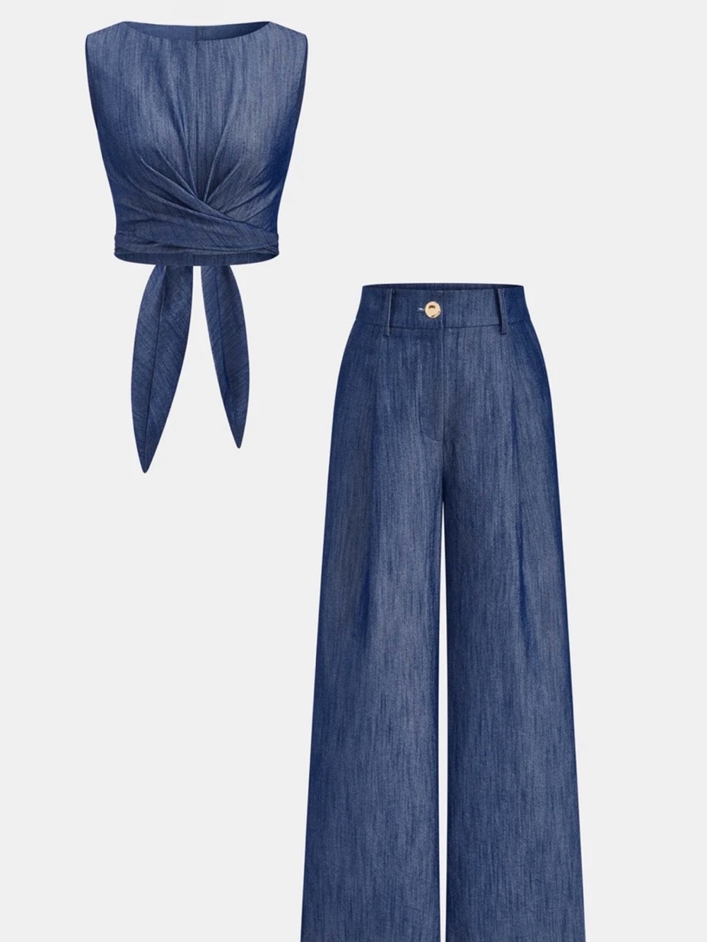 Commense Tie-Front Crop Top and Wide-Leg Pants Set - Blue